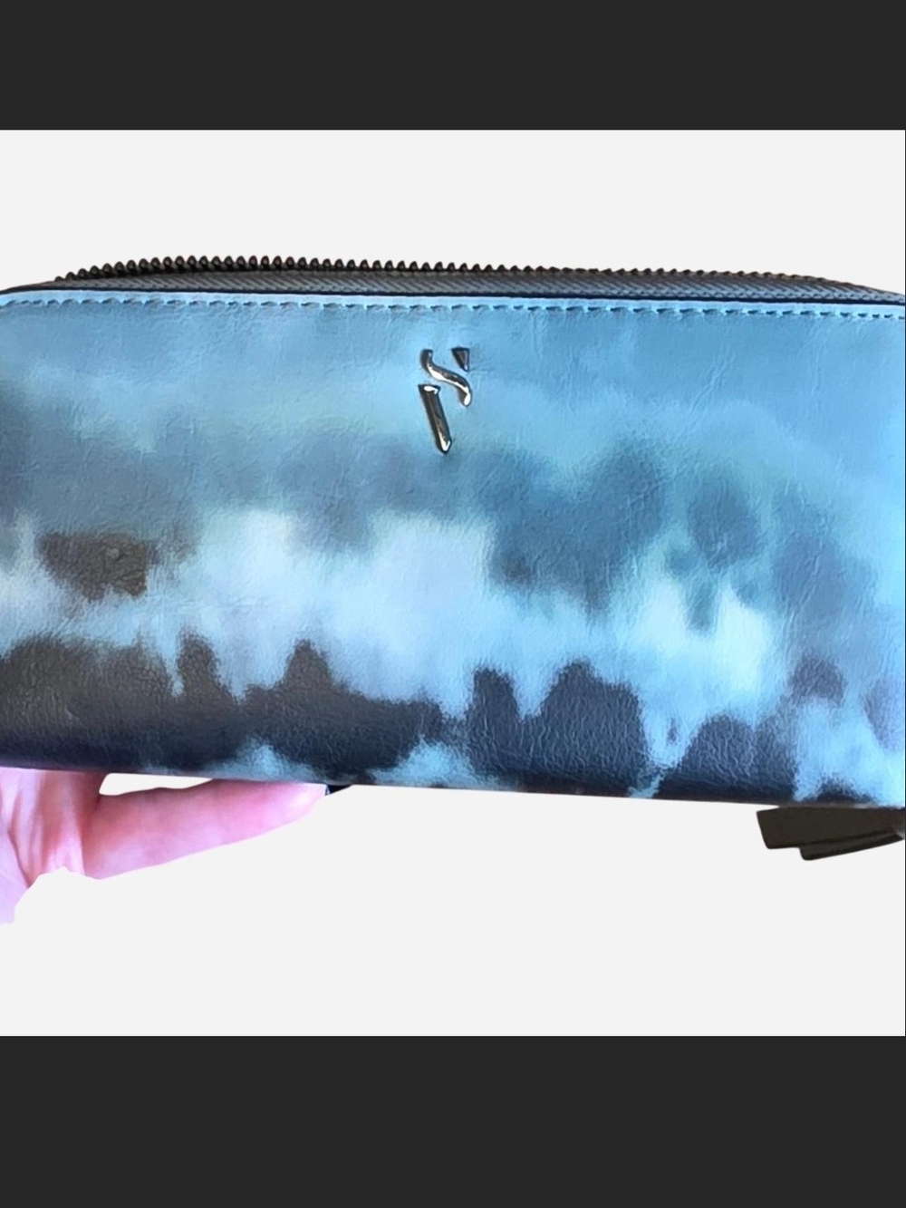 Blue Tie-Dye Zip Wallet with Silver Logo